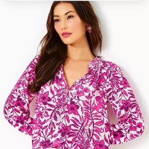 Lilly Pulitzer Pink & White Elsa Floral V-Neck Blouse